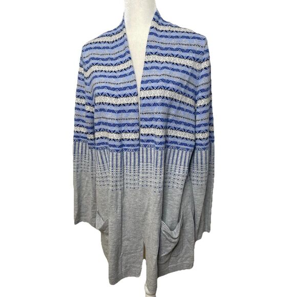 Talbots Size XL Blue White Gray Fair Isle Nordic Cardigan Sweater Wool Blend - Picture 1 of 8